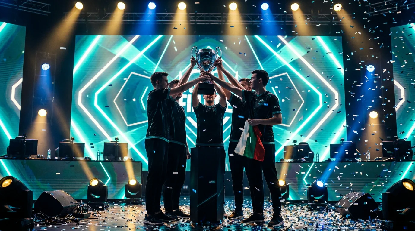 Професионален Dota 2 тим вдига турнирен трофей на сцена, символика на българската сцена