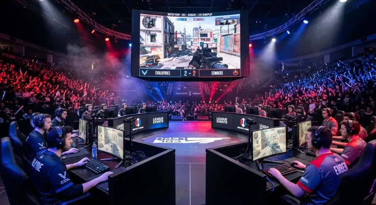 Мач от Call of Duty League на сцена с публика и проектори