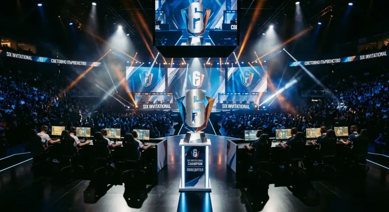 Трофей на Six Invitational в средата на сцена с прожектори