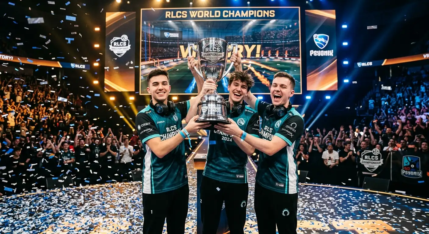 RLCS Worlds трофей на сцена след финала