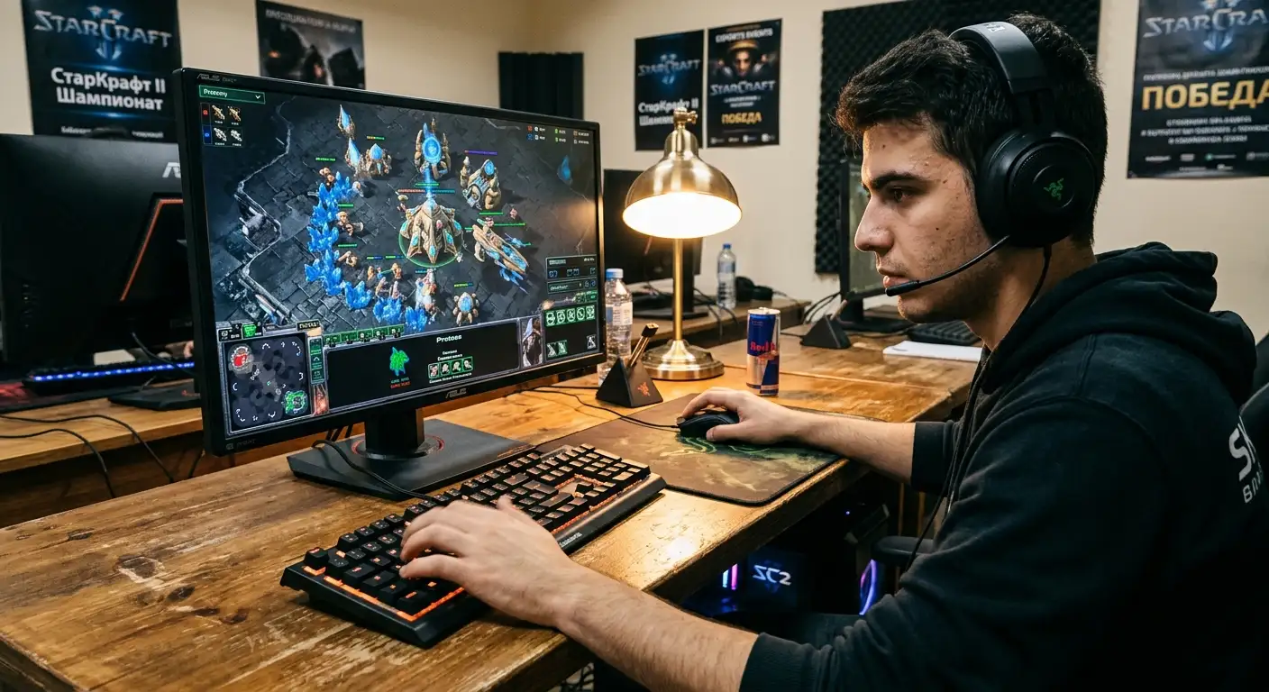 Solo играч на StarCraft 2 пред клавиатура и монитор