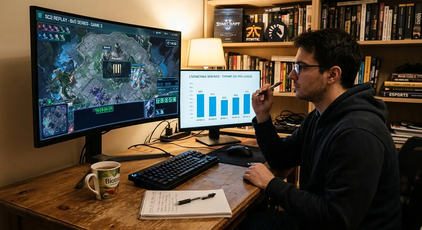 Аналитик работи на SC2 мач от работно място
