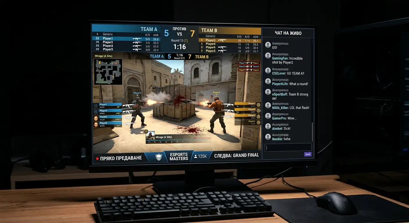 Twitch интерфейс с турнирно eSports излъчване и чат