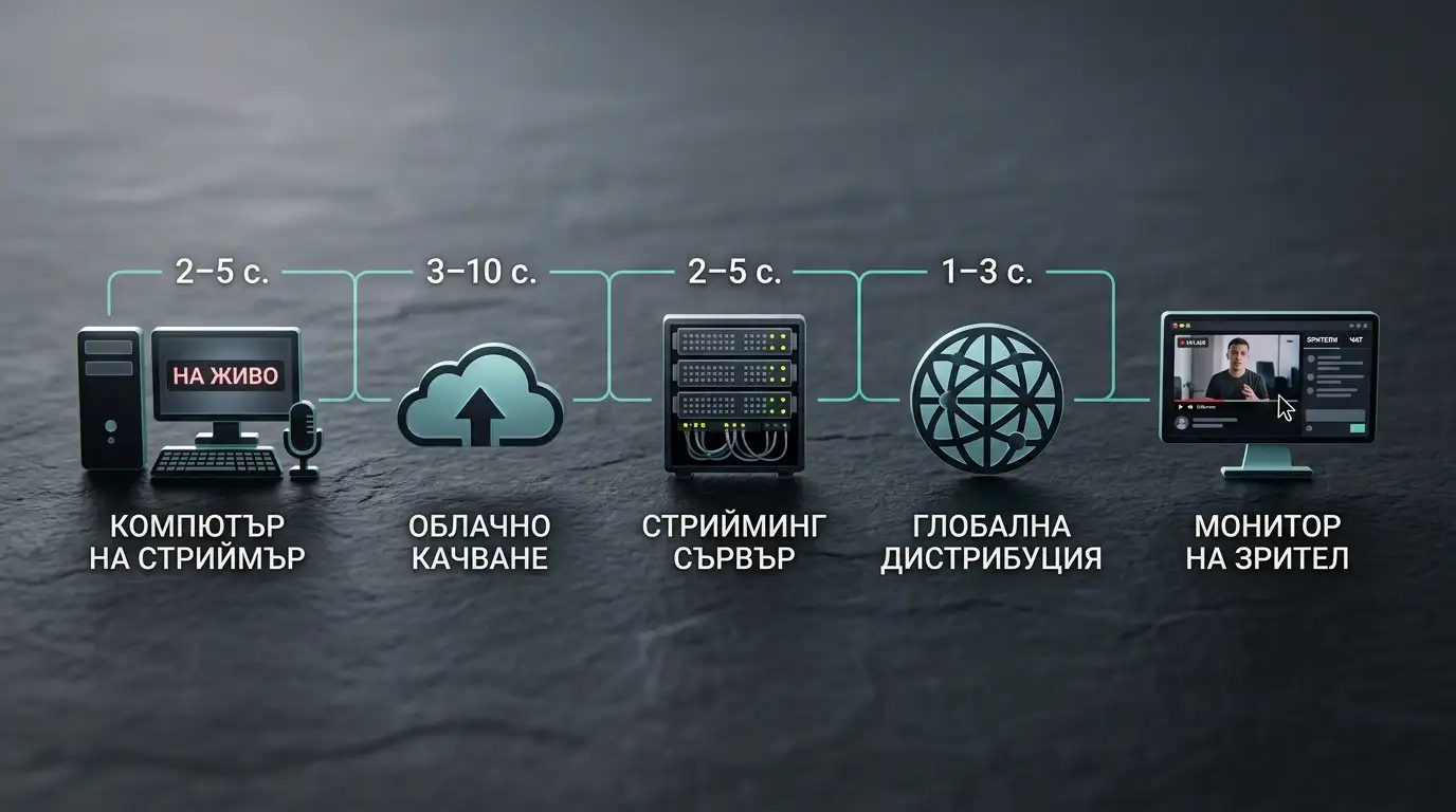 Илюстрация на пътя на видео сигнал от стример до зрителя