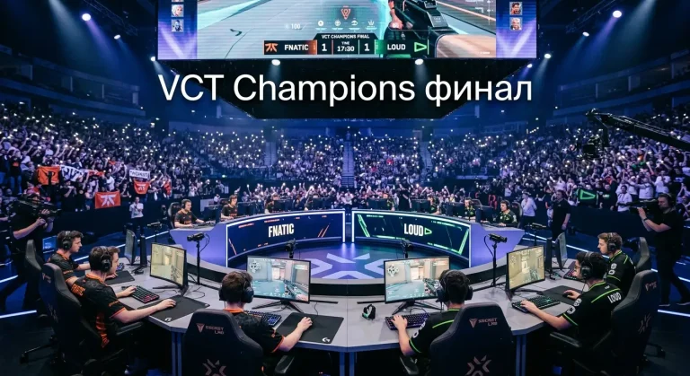 Valorant Champions финал на сцената с публика и трофей